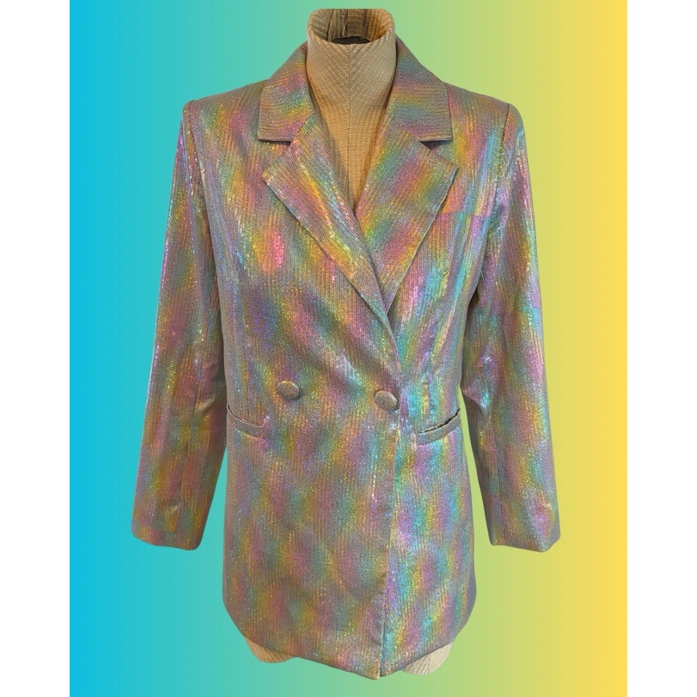 QUEEN OF SPARKLES Holographic Rainbow Sequin Blazer Jacket - Size Medium Pride